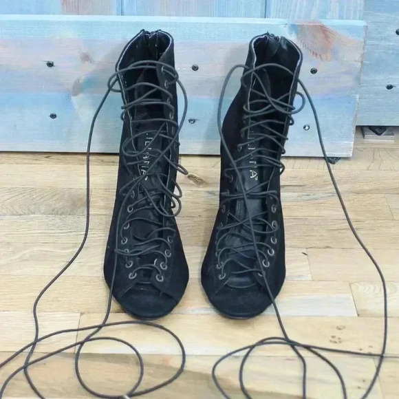 Black Lace Black Corset Faux Suede Vegan Stiletto Heels Size 6 NWOT - Picture 7 of 9